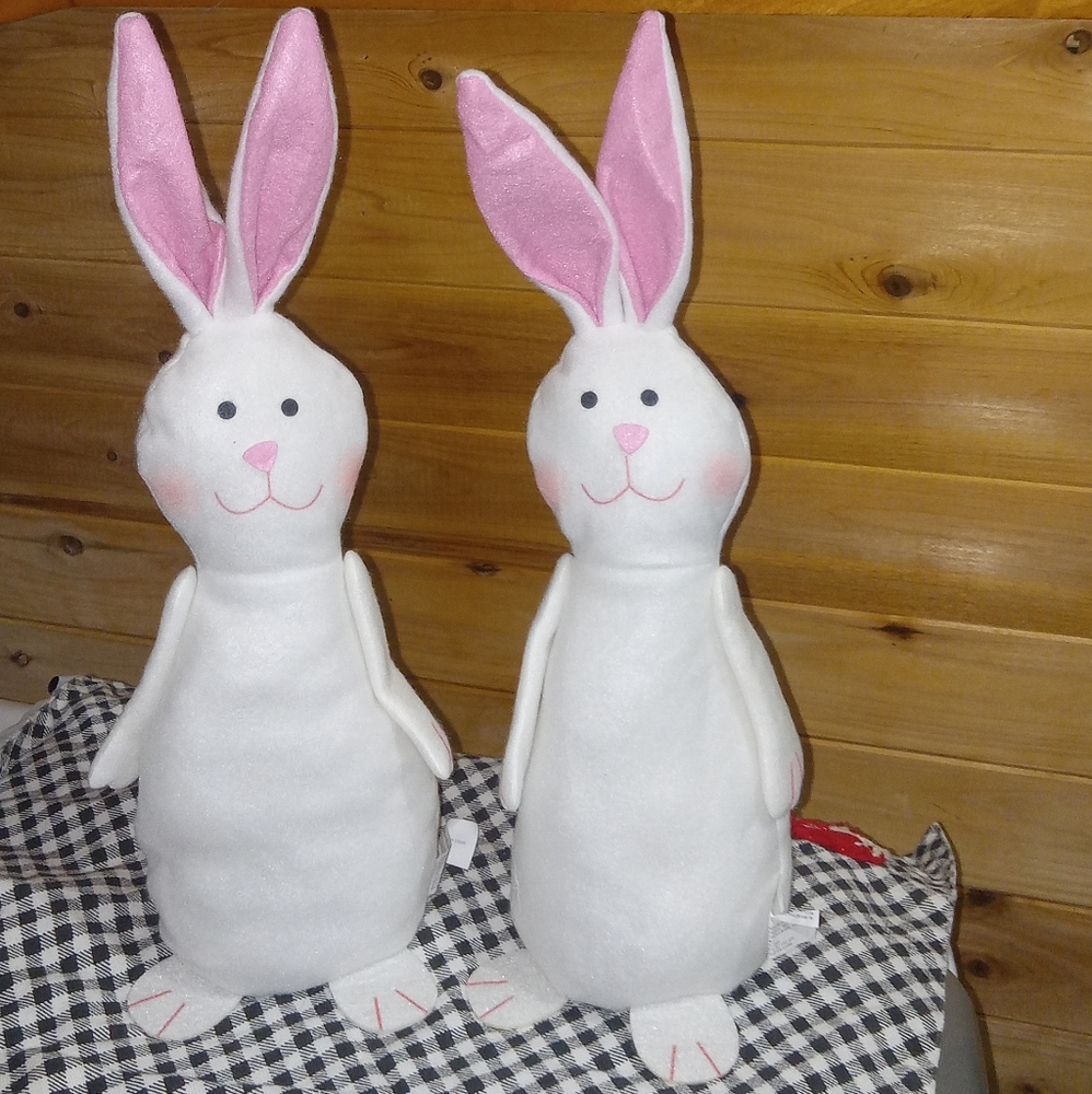 Farmhouse White standing Easter bunnies pink accents weighted bunnies